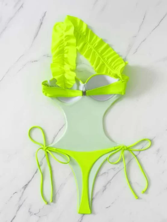 Neon Lime One Shoulder Ruffle Trim Tie Side Underwire One Piece Bikini Swimsuit - Image 3