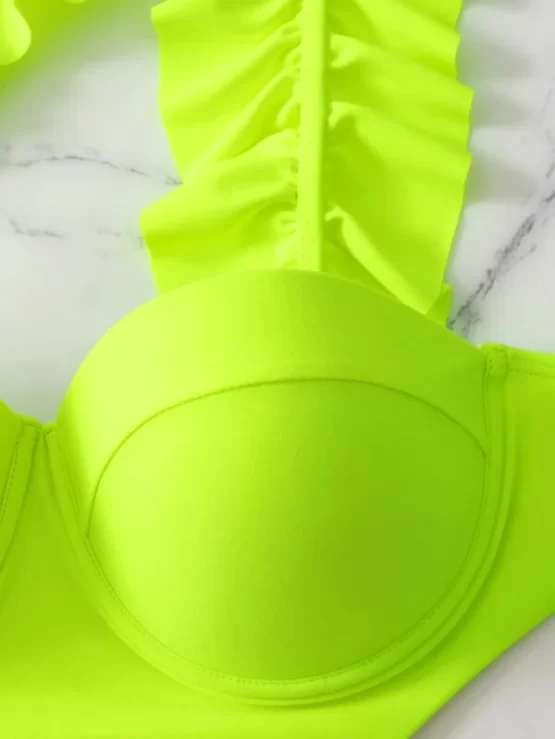 Neon Lime One Shoulder Ruffle Trim Tie Side Underwire One Piece Bikini Swimsuit - Image 2