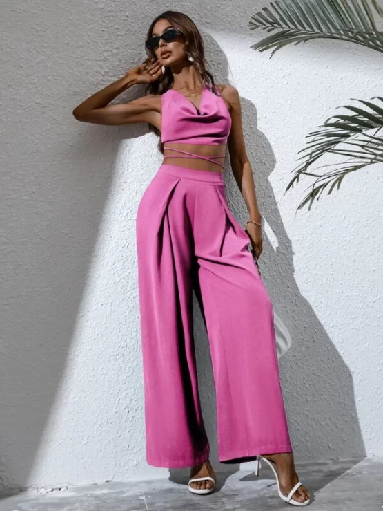 Solid Draped Criss Cross Tie Backless Top & Wide Leg Pants - Image 2