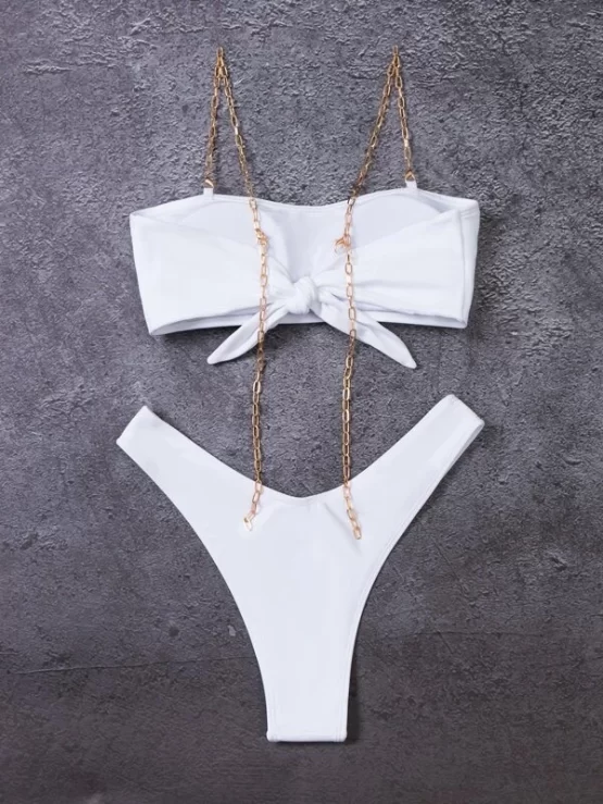 Chain Detail Tie Back High Cut Bikini Swimsuit - Image 3