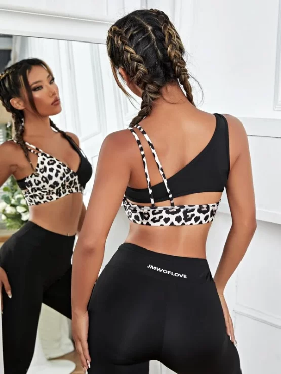 Light Support Leopard Print Cut Out Back Sports Bra - Image 2