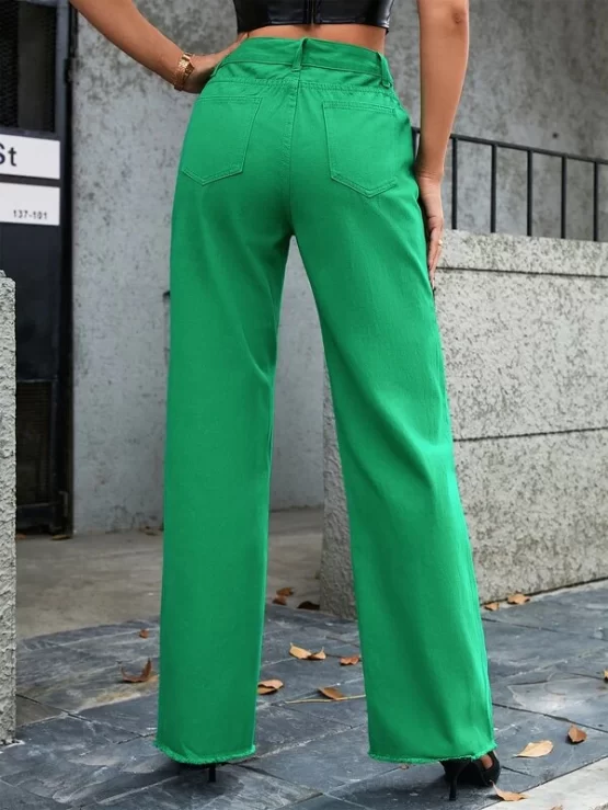 High Waist Raw Hem Button Pocket Straight Leg Jeans - Image 2