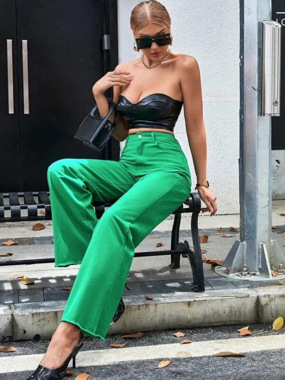 High Waist Raw Hem Button Pocket Straight Leg Jeans - Image 3