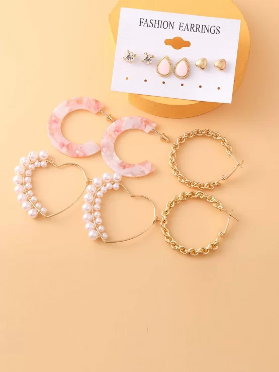 Six Pairs Heart Pearls Rhinestone Decor Earrings - Image 2