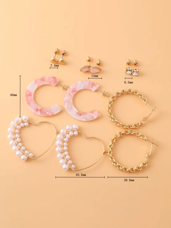 Six Pairs Heart Pearls Rhinestone Decor Earrings - Image 3