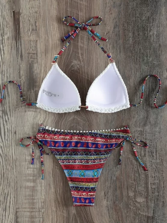 Random Geo Print Tie Side Push Up Bikini Swimsuit - Image 2