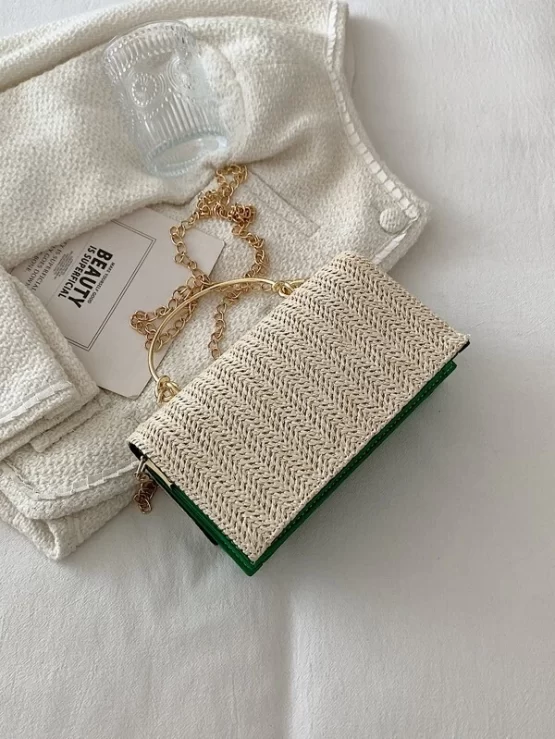 Mini Chain Color Block Metal Straw Decor Bag - Image 2