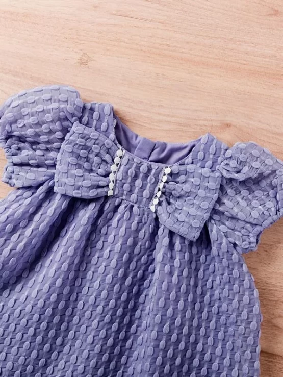 Baby Textured Bow Front Puff Sleeve Smock Dress - Image 4