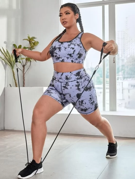 Plus Four-way Stretch Tie Dye Contrast Binding Scrunch Butt Sports Set - Image 3