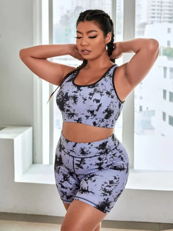 Plus Four-way Stretch Tie Dye Contrast Binding Scrunch Butt Sports Set - Image 2