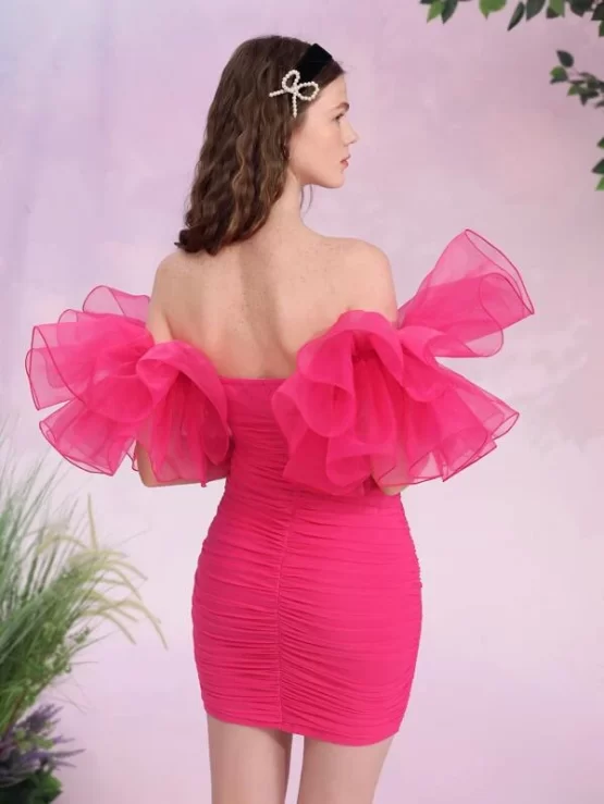 Off Shoulder Exaggerated Ruffle Trim Ruched Mesh Bodycon Dress - Image 2