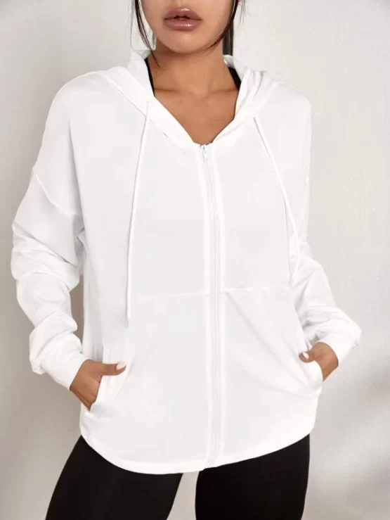 Drop Shoulder Slant Pockets Drawstring Hooded Sports Jacket - Image 3