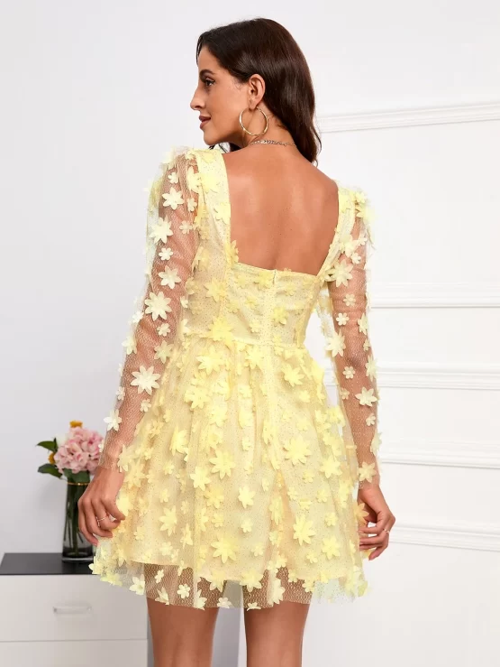 Double Crazy Appliques Puff Sleeve Overlay Mesh Dress - Image 2