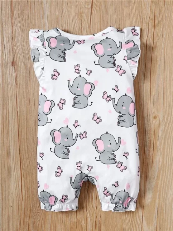 Baby Cartoon Elephant Ruffle Trim Print Romper - Image 2