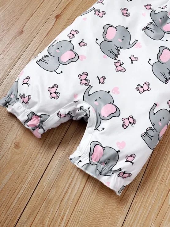 Baby Cartoon Elephant Ruffle Trim Print Romper - Image 3