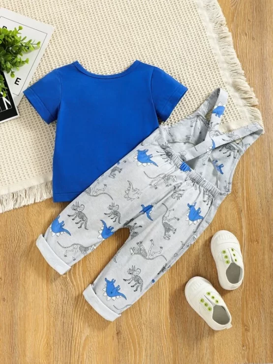 Baby Boy Solid Tee & Cartoon Graphic Pocket Overalls - Image 3