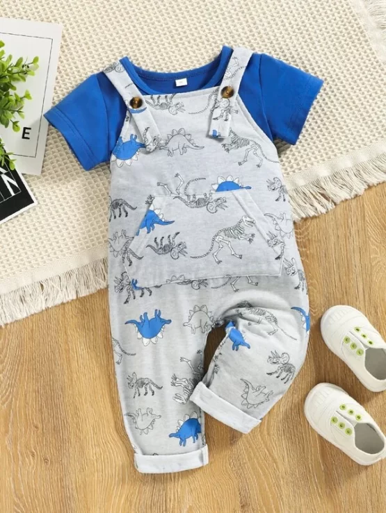 Baby Boy Solid Tee & Cartoon Graphic Pocket Overalls - Image 2