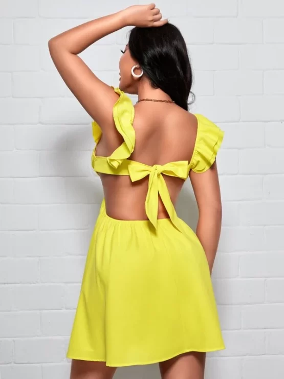 Ruffle Trim A Line Cut Out Tie Backless Dress - Image 3