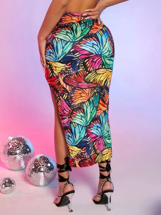 Butterfly Print Ruched Side Asymmetrical Hem Skirt - Image 2