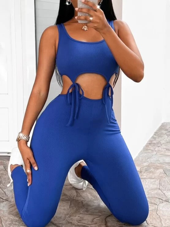 Knot Cut Out Unitard Neck Tie Front Jumpsuit - Image 3