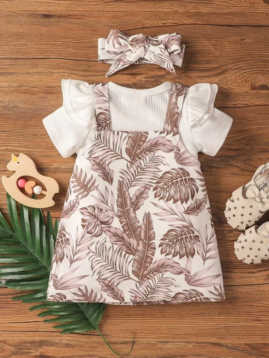Baby Solid Rib Knit Bodysuit & Floral Print Overall Dress With Headband - Image 5