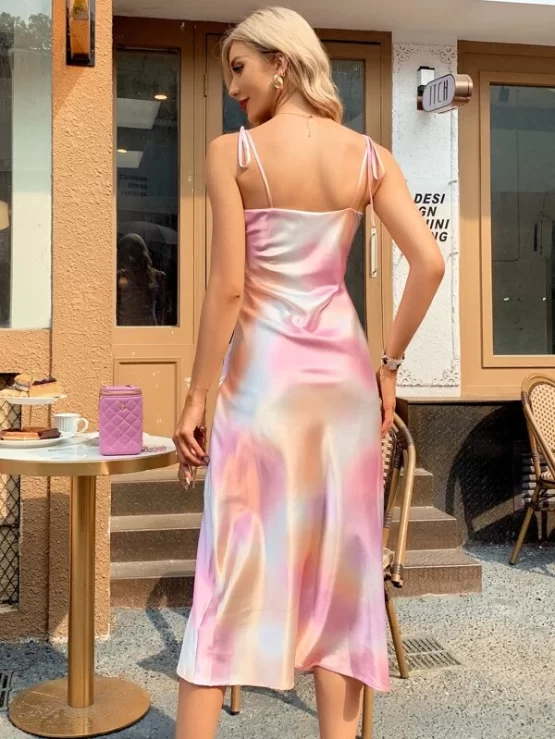 Glamorous Tie Dye Knot Shoulder Satin Cami Dress - Image 2