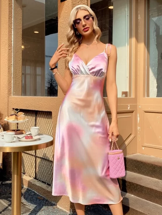Glamorous Tie Dye Knot Shoulder Satin Cami Dress - Image 3