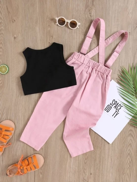 Toddler Girls Letter Graphic Tank Top & Ripped Pinafore Pants - Image 3