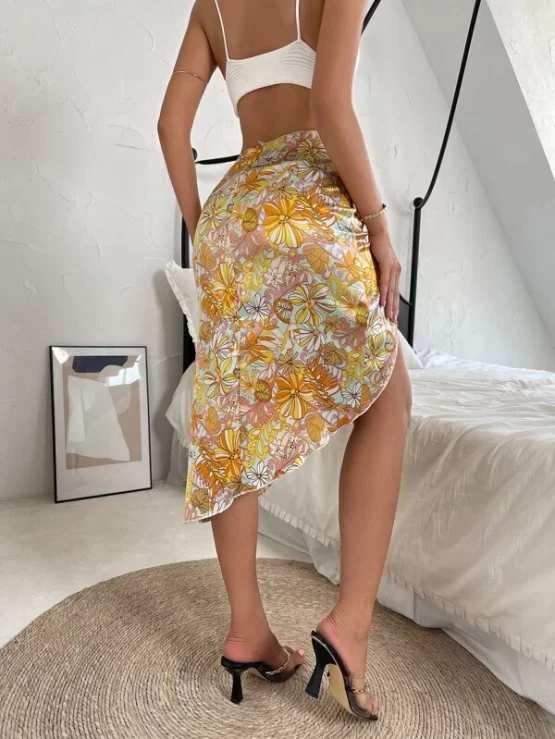 Floral Print Drawstring Split Thigh Satin Skirt - Image 2