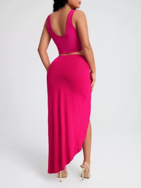 Solid Crop Tank Top & Split Thigh Twist Skirt Set - Image 4