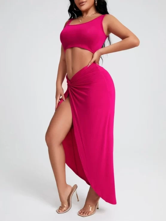 Solid Crop Tank Top & Split Thigh Twist Skirt Set - Image 5