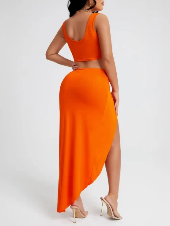 Solid Crop Tank Top & Split Thigh Twist Skirt Set - Image 3