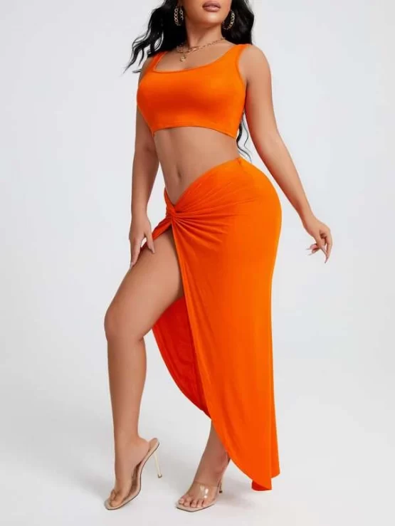 Solid Crop Tank Top & Split Thigh Twist Skirt Set - Image 2