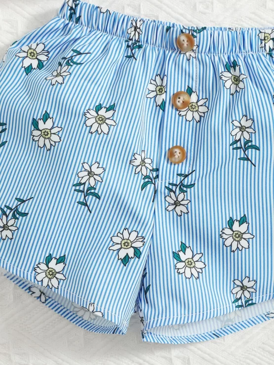 Baby Striped & Floral Print Ruffle Trim Button Front Top & Shorts - Image 3