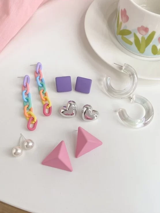 Six Pairs Heart & Geometric Design Earrings Set - Image 2
