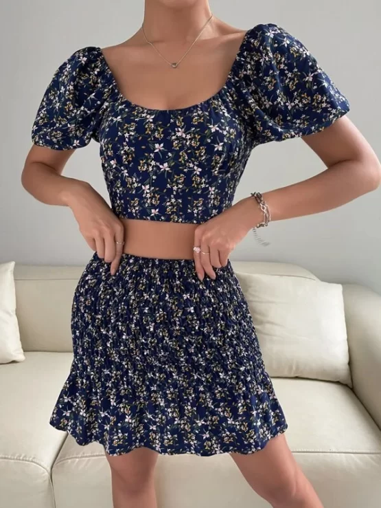 Puff Sleeve Ditsy Floral Top & Shirred Ruffle Hem Skirt - Image 5