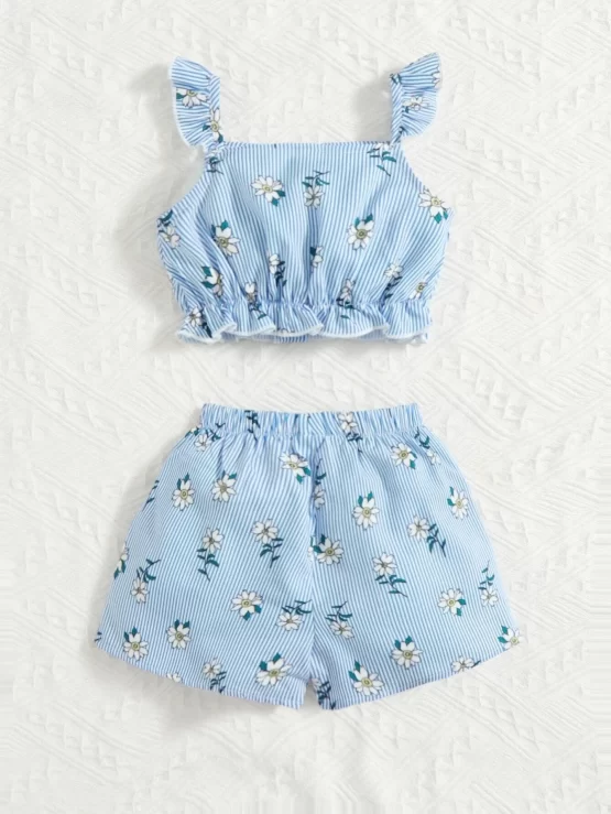Baby Striped & Floral Print Ruffle Trim Button Front Top & Shorts - Image 2