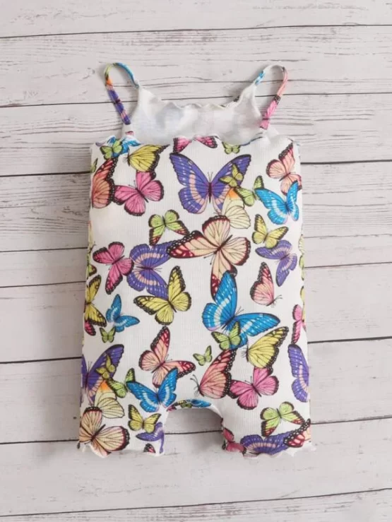 Baby Butterfly Print Lettuce Trim Cami Romper - Image 2