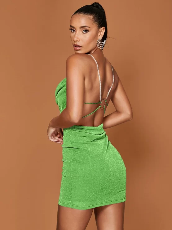 Draped Collar Rhinestone Chain Strap O-ring Backless Cami Dress - Image 6
