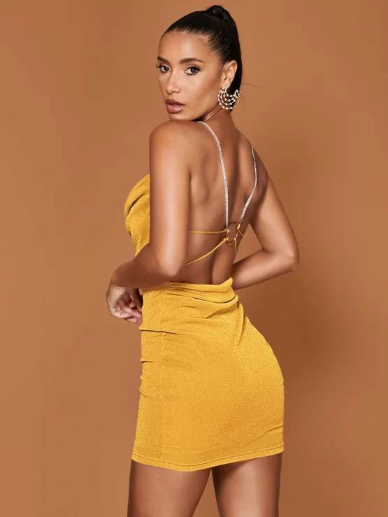Draped Collar Rhinestone Chain Strap O-ring Backless Cami Dress - Image 4