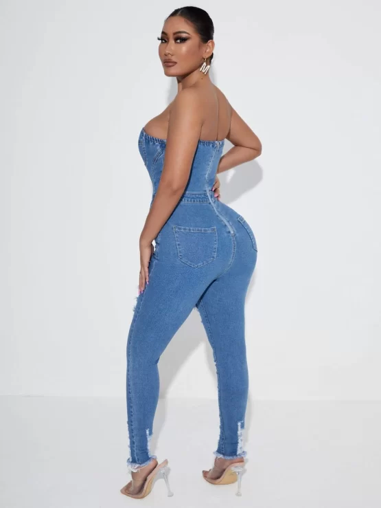 Cut Out Ripped Frayed Bustier Raw Hem Tube Denim Skinny Jumpsuit - Image 2