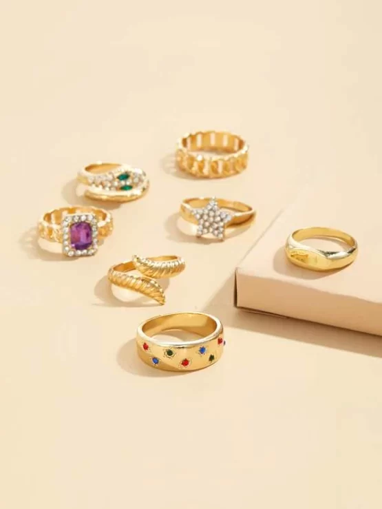 Seven Pieces Rhinestone Star & Snake Decor Ring - Image 2