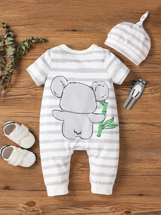 Baby Striped & Cartoon Graphic Jumpsuit With Hat - Image 2