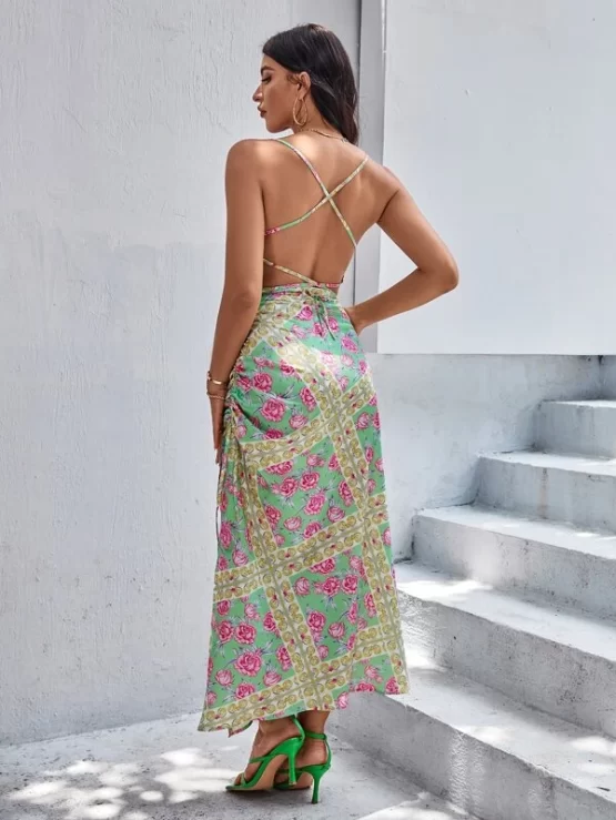 Floral Print Lace Up Backless Drawstring Split Thigh Satin Cami Dress - Image 2