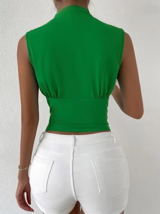 Ruched Shoulder Button Sleeveless Front Blouse - Image 2