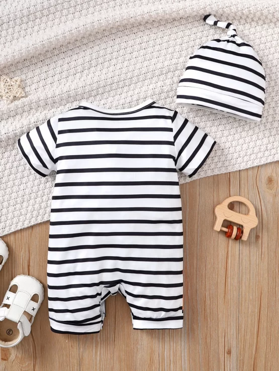 Baby Striped & Cartoon Graphic Romper & Hat - Image 4