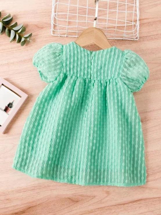 Baby Textured Bow Front Puff Sleeve Smock Dress - Image 3