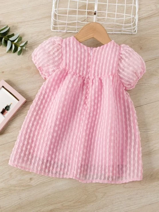 Baby Textured Bow Front Puff Sleeve Smock Dress - Image 7