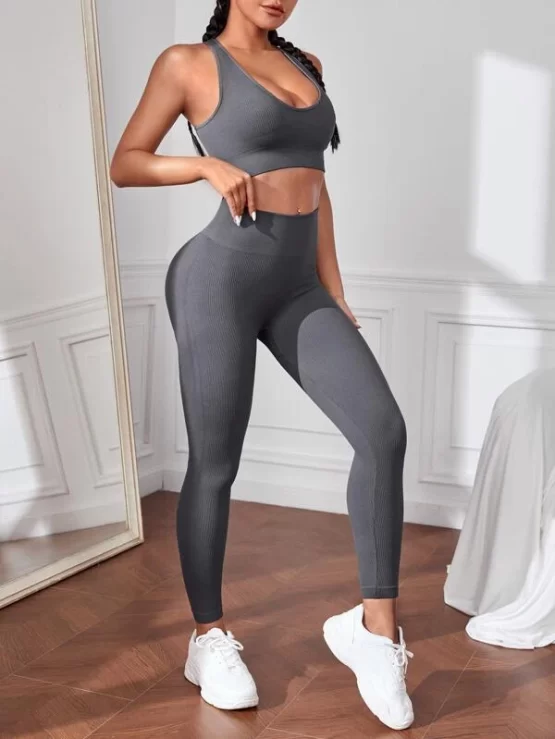 Racer Back Plain Wide Waistband Sports Set - Image 2