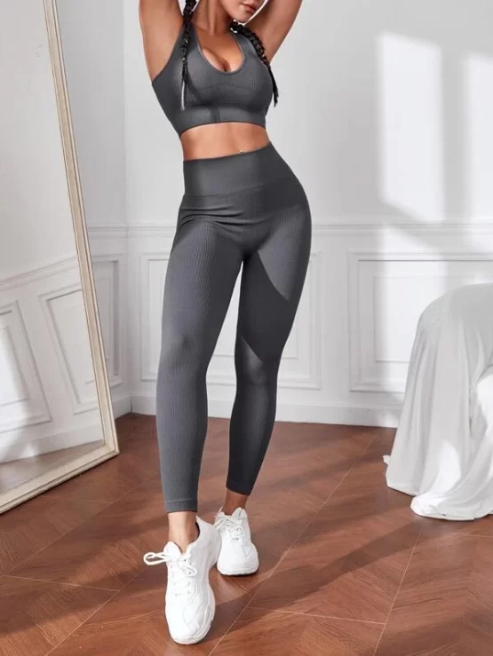 Racer Back Plain Wide Waistband Sports Set - Image 3